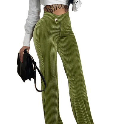 Womens Pants Overlap Waist Corduroy Plain High Waist Long Straight Legs Pants