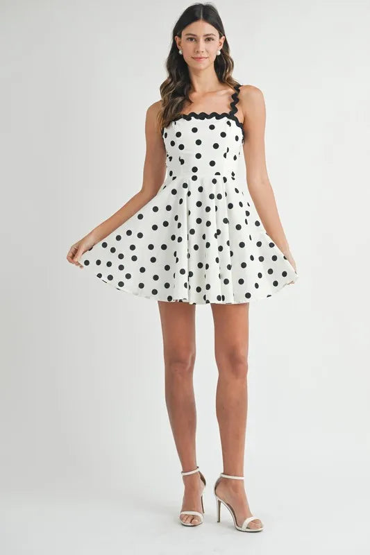 Polka Dot Mini Dress with Ricrac Trim Strap – Fun Polka Dot Pattern, Fluttering, Unique Ricrac Trim Strap, Playful and Stylish Mini Dress, Versatile Summer Dress - - ST25JK983762