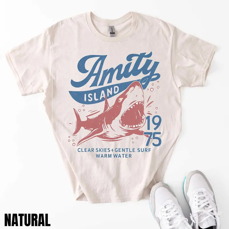 Jaws Amity Island 1975 T-Shirt – Retro Movie Inspired Graphic Tee, Remastered Heavy Cotton Film Buff Top, Soft Lived-In Vintage Summer Beach Shirt, Made in USA - - T-Shirt