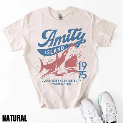 Jaws Amity Island 1975 T-Shirt – Retro Movie Inspired Graphic Tee, Remastered Heavy Cotton Film Buff Top, Soft Lived-In Vintage Summer Beach Shirt, Made in USA - - T-Shirt