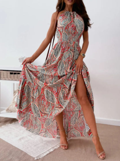 Printed Halter Neck Maxi Dress - -