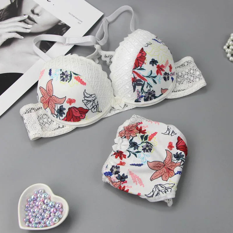 Size Shaper Back Bra Set Print Female Lace French Underwear Set