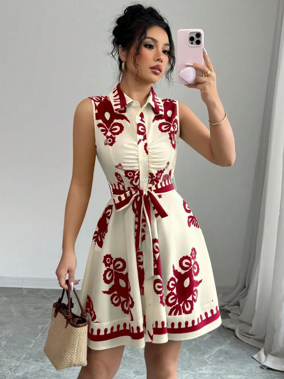 Printed Sleeveless Button Front Dress - Red -