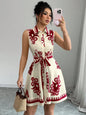 Printed Sleeveless Button Front Dress - Red -