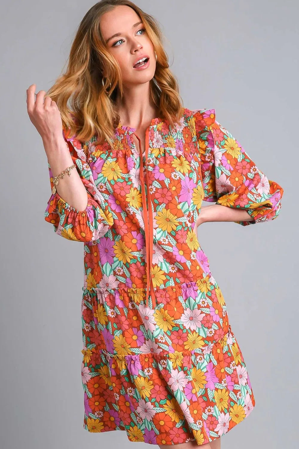 Umgee Full Size Ruffled Flower Print Tie Neck Tiered Dress Plus Size - BROWN MIX -