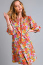Umgee Full Size Ruffled Flower Print Tie Neck Tiered Dress Plus Size - BROWN MIX -