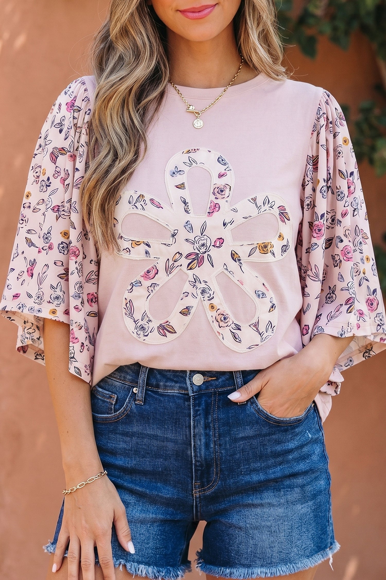 Pink Contrast Floral Patched Flowy Half Sleeve Blouse - - Tops/Blouses & Shirts