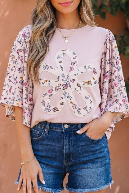 Pink Contrast Floral Patched Flowy Half Sleeve Blouse - - Tops/Blouses & Shirts