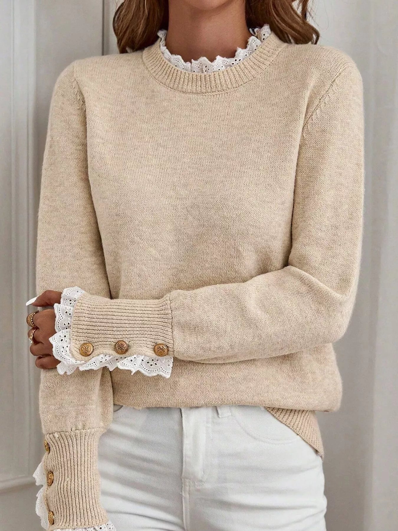 Lace Trim Button Cuff Long Sleeve Sweater - Beige -