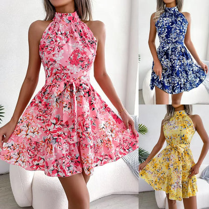 Spring and Summer New Temperament With Flounced Hem Floral Dress Chiffon