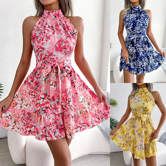 Spring and Summer New Temperament With Flounced Hem Floral Dress Chiffon