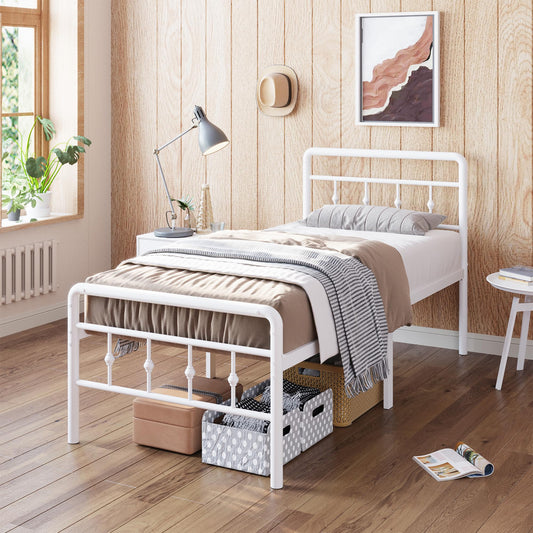 Nailsong 18 Inch Tall Twin Bed Frames with Headboard and Footboard Heavy Duty Metal Platform Bed Frame Twin No Box Spring Needed Easy Assembly Under Bed Storage Noise Free White - White Twin -