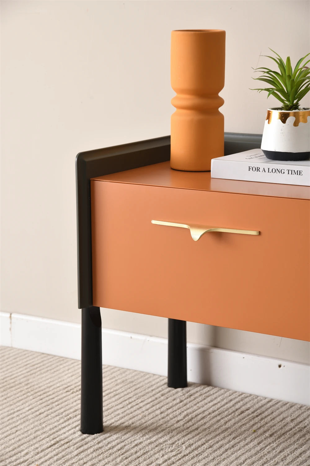 Embossed Surface Two Drawer Lacquer End Table With Gold Antique Brass Handle