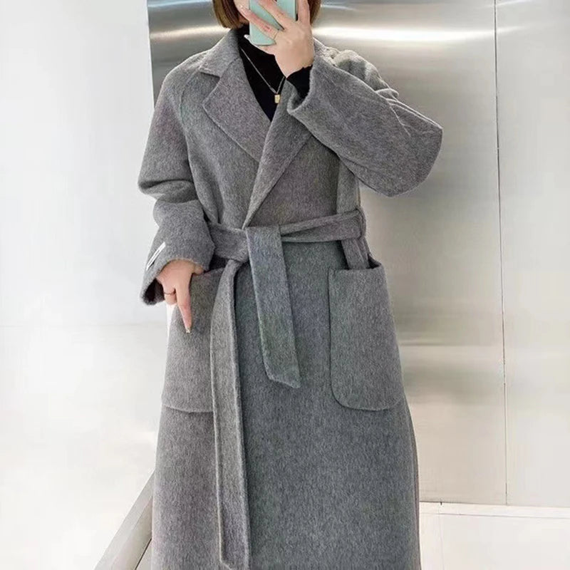 Big Turn Down Collar Cashmere Coat Ladies Pure Color Wool Coat Women Winter Coat