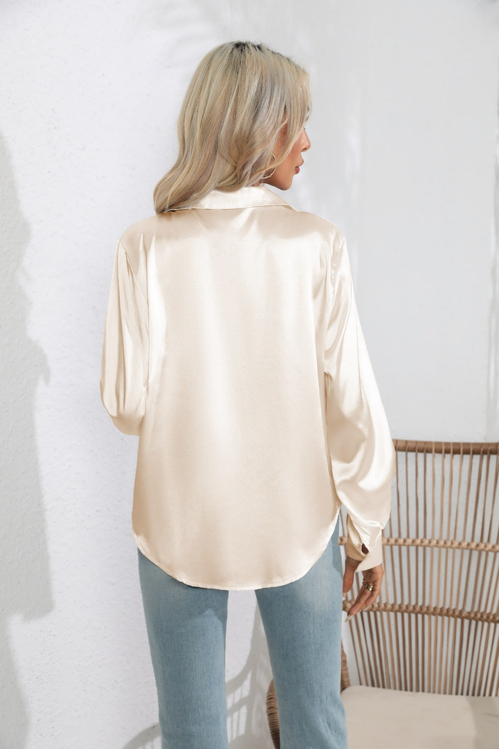 Lapel Collar Button Up Long Sleeve Shirt - -