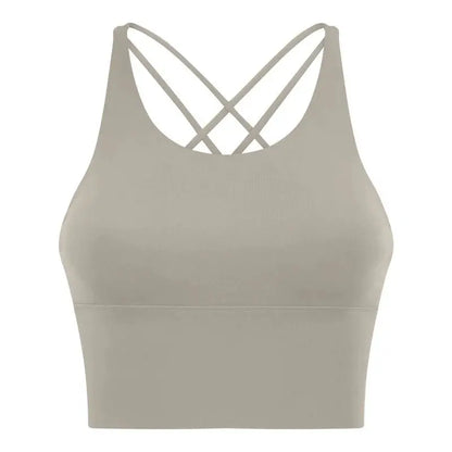 Comfort Full Support Padded Wire Free Cross Back Yoga Sports Bra Seamless Beige