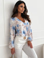 Floral V-Neck Long Sleeve Blouse - Sky Blue -