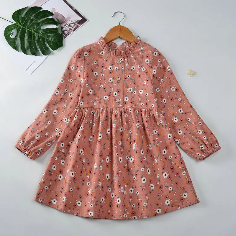 Girls Flower Cotton Long Sleeve Casual Dress