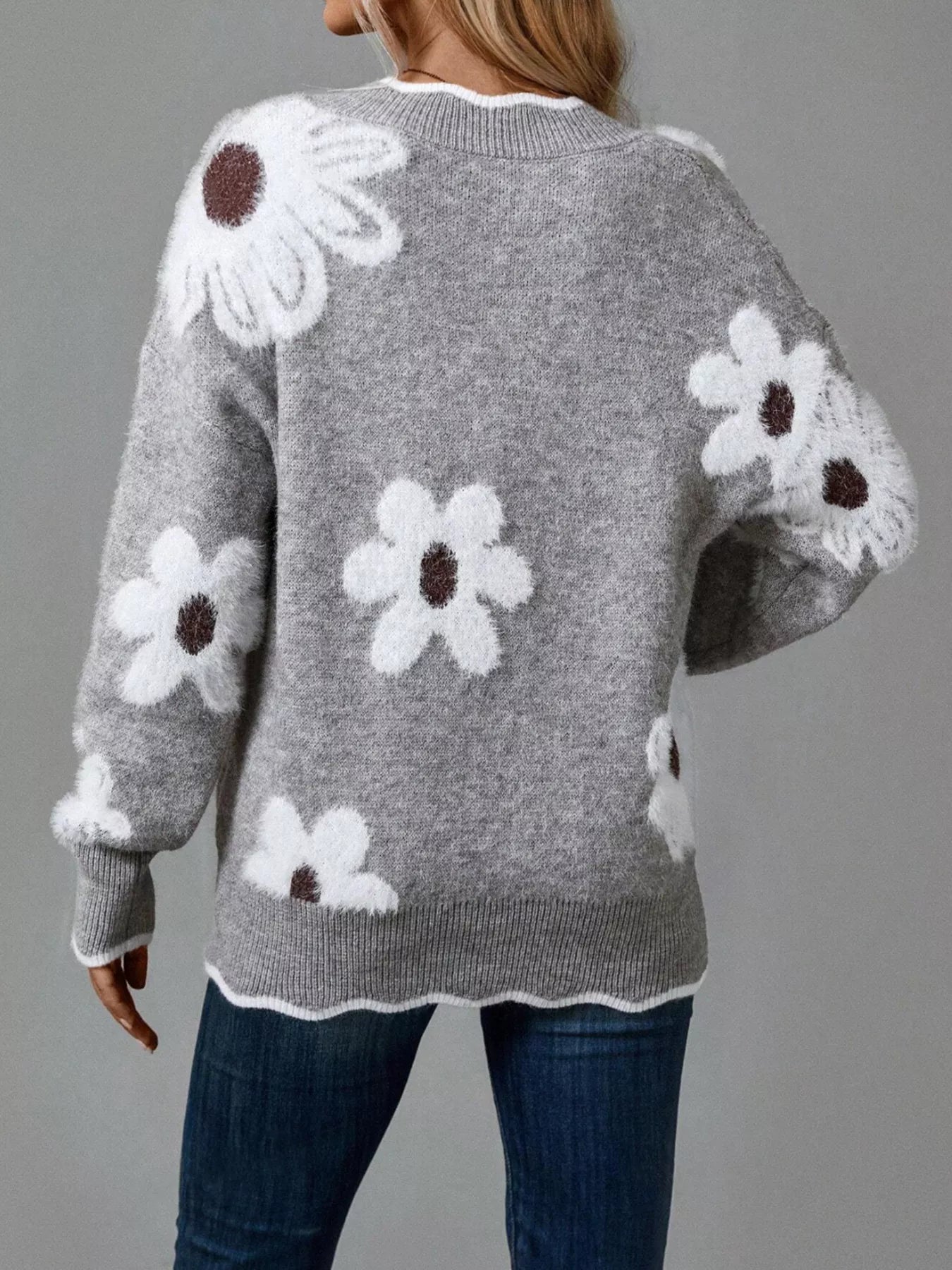 Floral V-Neck Long Sleeve Sweater - -