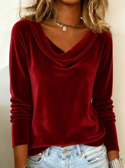 Velvet Cowl Neck Long Sleeve Shirt - Red - Tops/Blouses & Shirts