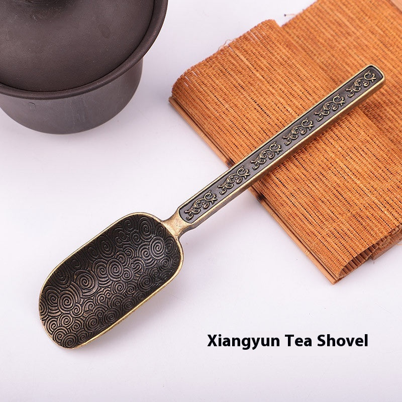 Carved Fu Character Auspicious Clouds Pattern Tea Shovels - Xiangyun Antique Brass - Tea Accessories