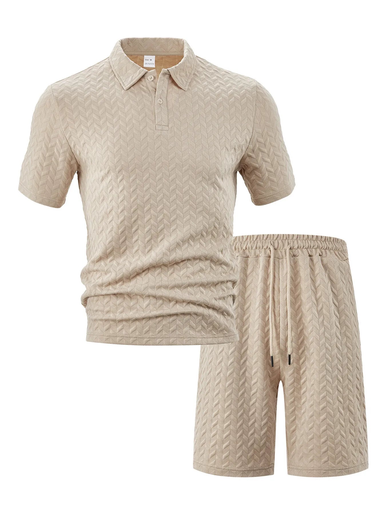 Men's Full Size Textured Polo Shirt and Shorts Set Plus Size - Khaki -