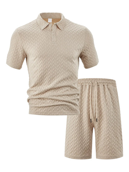 Men's Full Size Textured Polo Shirt and Shorts Set Plus Size - Khaki -