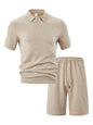 Men's Full Size Textured Polo Shirt and Shorts Set Plus Size - Khaki -