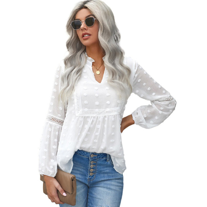 Women Chiffon Blouse Long Sleeve Girls Lovely Floral Embroidery Shirt