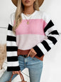 Color Block Round Neck Long Sleeve Sweater - Blush Pink -