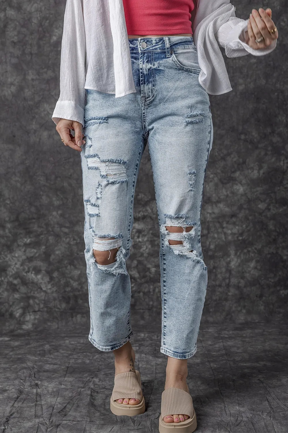 Distressed High Waist Jeans - Light -