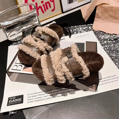 Fuzzy Buckle Accent Plush Slippers - -