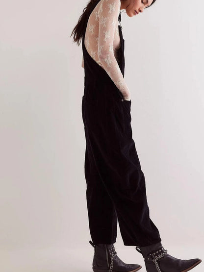 Corduroy Wide-Leg Overall with Adjustable Straps - -