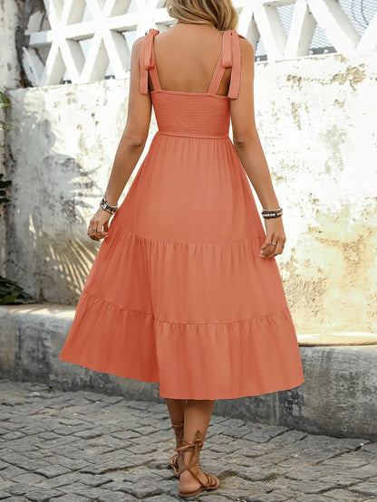 Tie Shoulder Square Neck Tiered Midi Dress - -