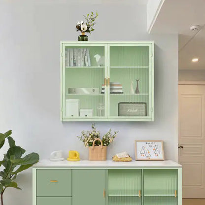 Mint Green Glass Double Door Wall Cabinet With Three Levels - Kia Day Design