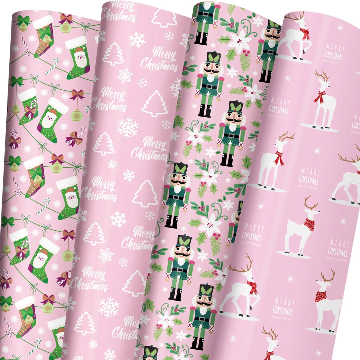 ZINTBIAL Pink Christmas Wrapping Paper for Kids Adults - Xmas Wrapping Paper with Nutcracker Stockings Reindeer Christmas Trees Designs - 28 x 40 Inches 6 Jumbo Sheets - Easy to Store