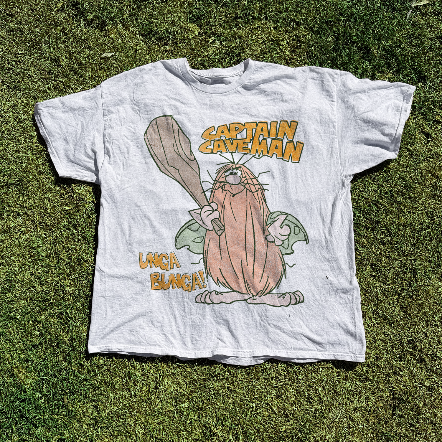 Captain Caveman 'Unga Bunga' Vintage Washed White Tee - White - T-Shirt