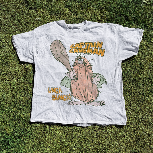 Captain Caveman 'Unga Bunga' Vintage Washed White Tee - White - T-Shirt