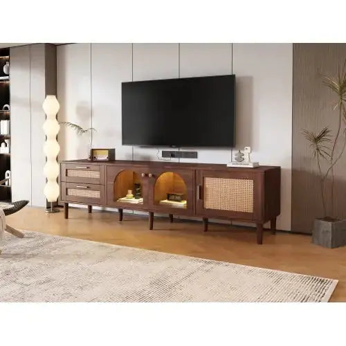 Rattan-inspired Media Console Table with 3 Cabinets and 2 Drawers Up To 80'' LED Light - Kia Day Design