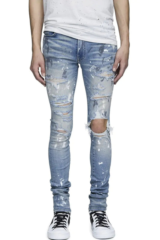 Mens Torn Graffiti Stretch Slim Fit Jeans - Light Blue - jeans