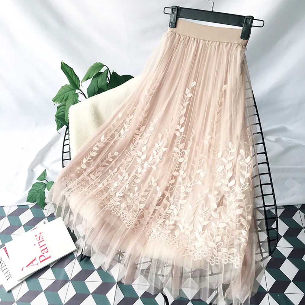 Net Yarn Fairy Puff Mid-Length Skirt for Ladies