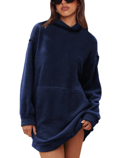 Casual Long Sleeve Chenille Jumper Knit Top with Pockets - Navy X-Small - Sweater