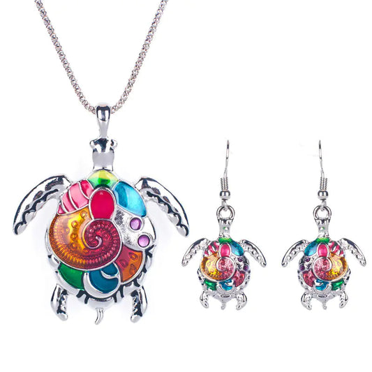 Fashion Rainbow Turtle Necklace Set with Punk Earrings Kia Day Design