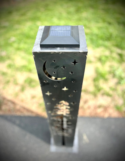 4-Sided Night Sky Pine Tree Solar Pillar - Steel - - Luminary