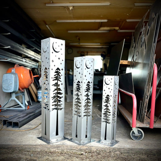 4-Sided Night Sky Pine Tree Solar Pillar - Steel - - Luminary