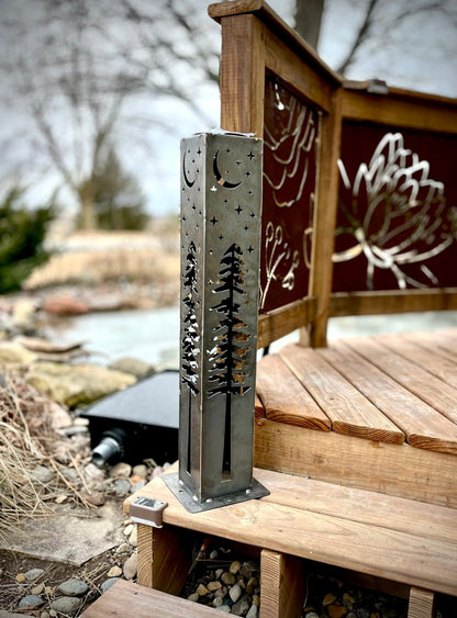 4-Sided Night Sky Pine Tree Solar Pillar - Steel - Raw Steel - Luminary