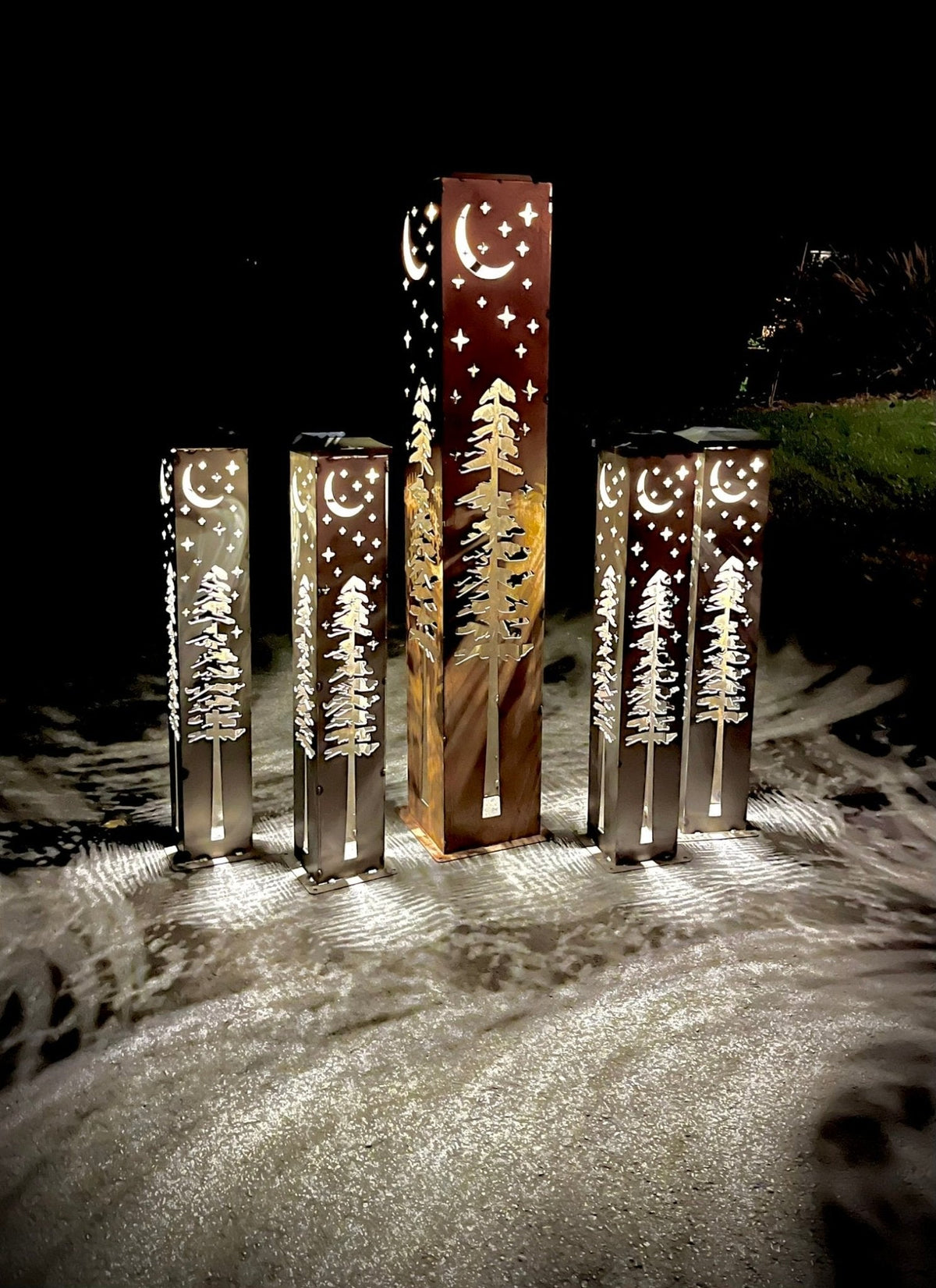 4-Sided Night Sky Pine Tree Solar Pillar - Steel - - Luminary