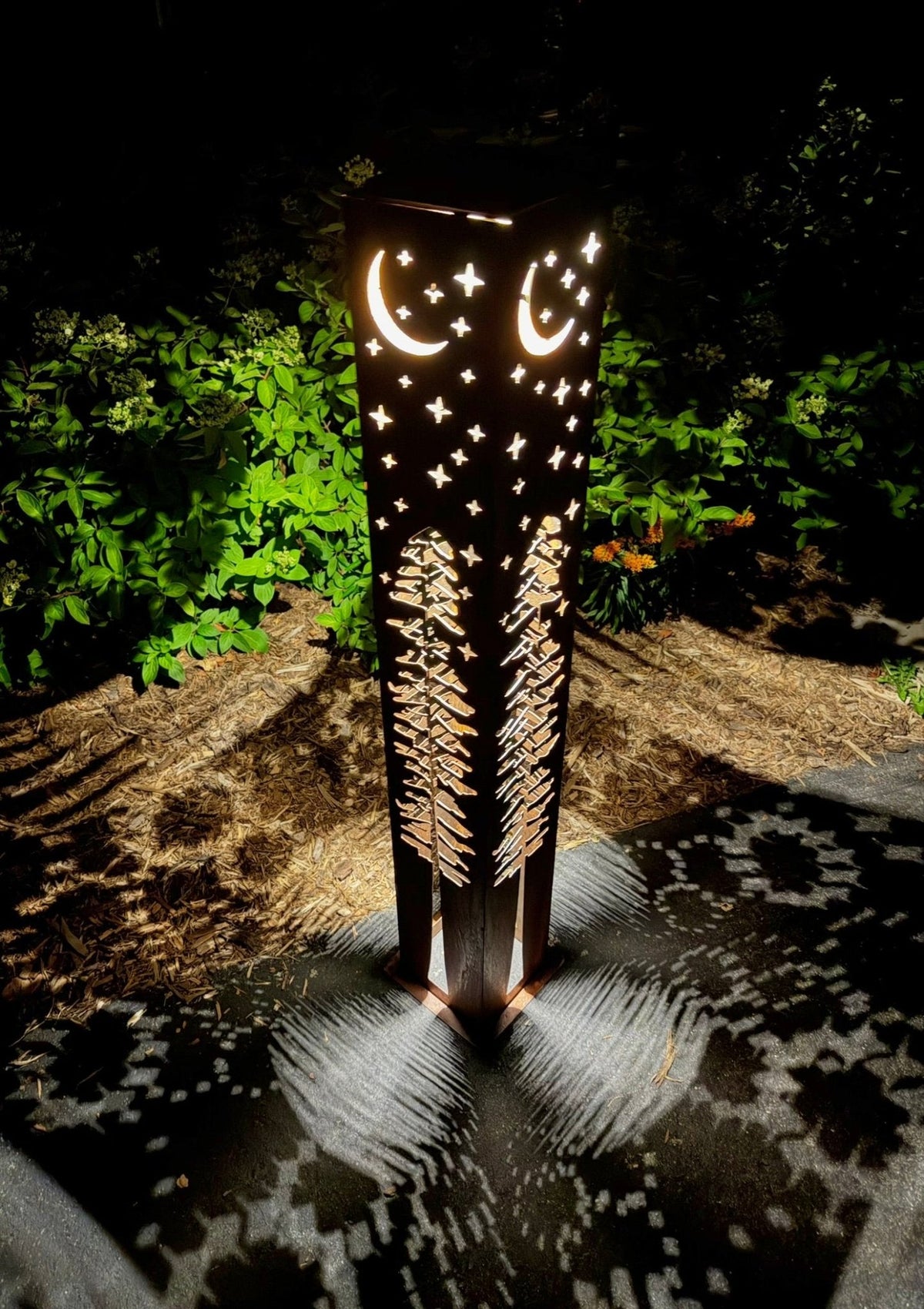 4-Sided Night Sky Pine Tree Solar Pillar - Steel - - Luminary