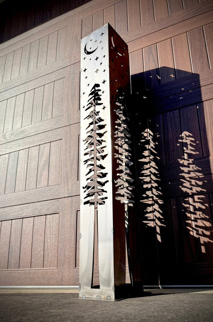 4-Sided Night Sky Pine Tree Solar Pillar - Steel - 48-inch - NEW Raw Steel - Luminary
