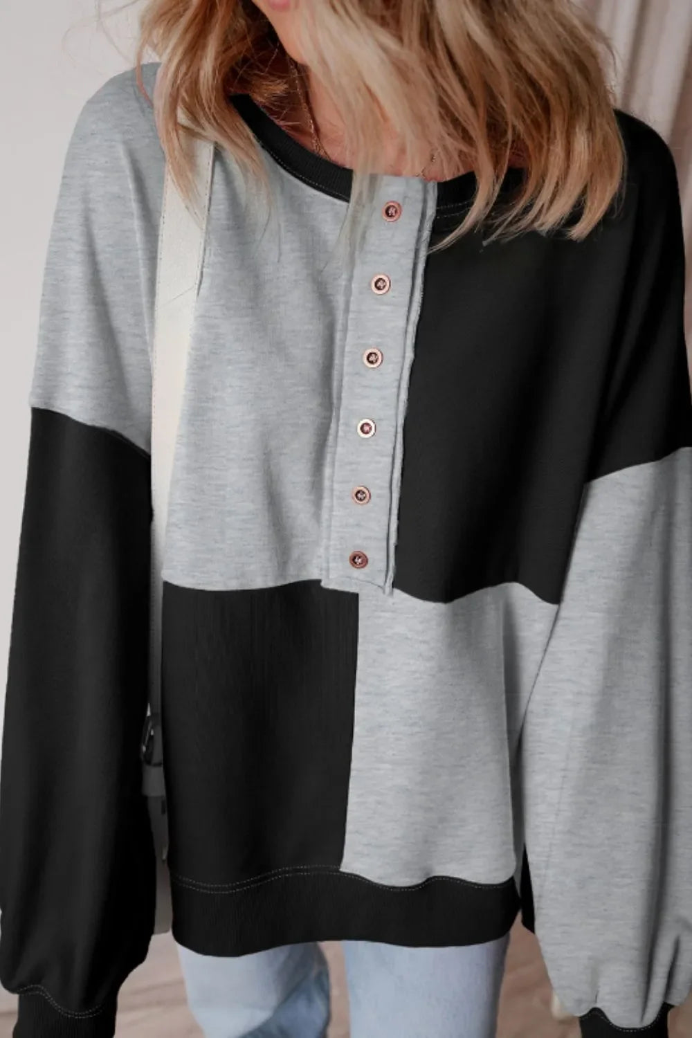 Color Block Half Button Long Sleeve Sweatshirt - -